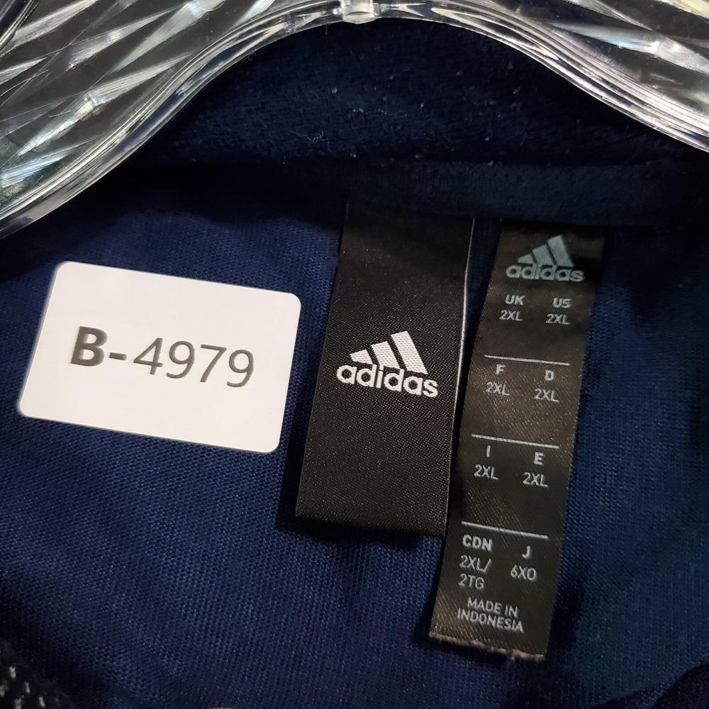 Adidas Men Sweatshirt 2XL Blue Hoodie Logo Zip Pocket 3 Stripe Pullover READ - Picture 2 of 10